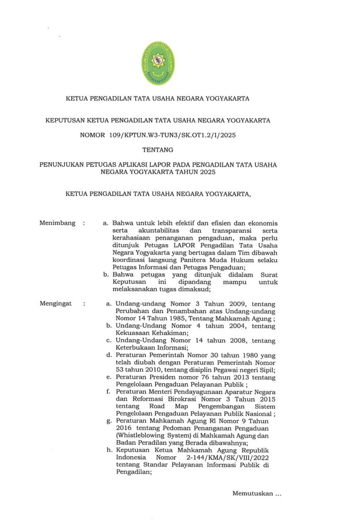 74. Sk Penunjukan Petugas Aplikasi Lapor Pada Ptun Yk Tahun 2025 No 109 Page 0001